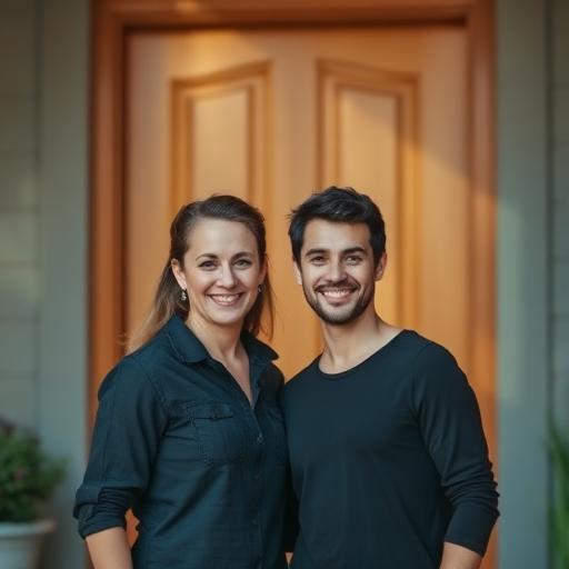 Sarah and James in front of their new home